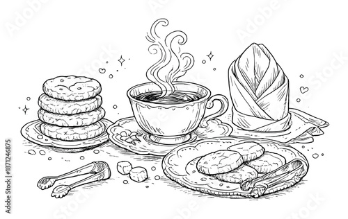 Vintage tea time illustration with steaming cup, sugar cookies, and elegant napkin arrangement