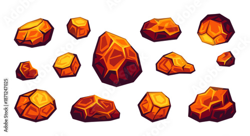 Set of cartoon gold nuggets and precious minerals