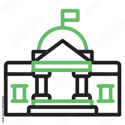 Governmental Icon: A clean-lined illustration of a classic governmental building, complete with pillars, a domed roof, and a flag, representing civic duty.