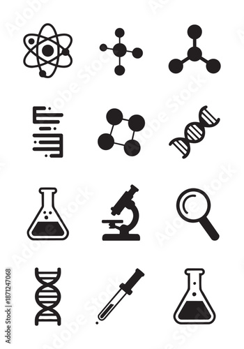 Black and white science including atoms molecules dna and laboratory equipment