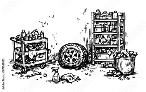 Monochrome garage scene with tools and tire on shelves in grungy setting
