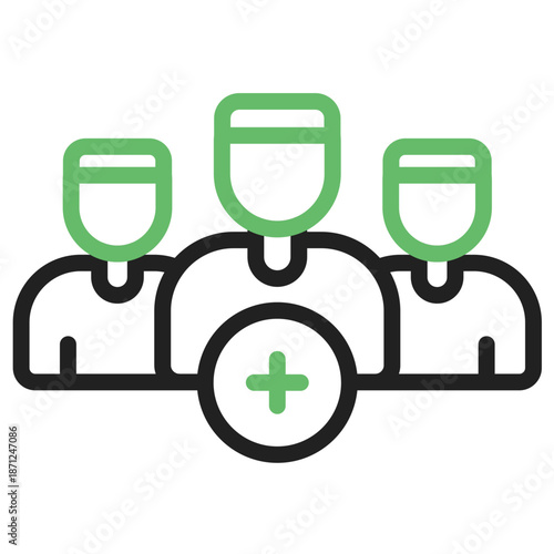 Joining the Circle: A stylized icon depicts three figures surrounding a green plus symbol. conveying the idea of teamwork, expansion, and inclusivity.