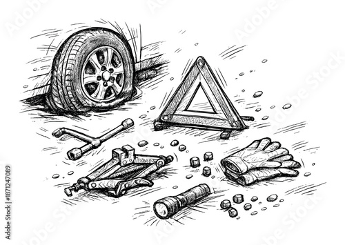 Monochrome sketch of roadside emergency kit including spare tire and jack tools