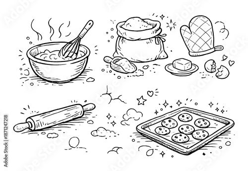 Baking essentials: flour, butter, cookies, bowls, and utensils in charming black and white art
