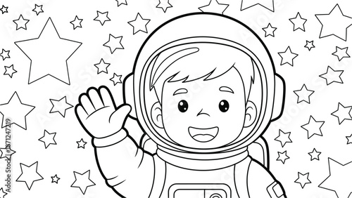 A cartoon boy in an astronaut suit waves enthusiastically against a starry background