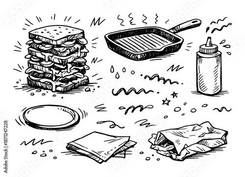 Sketch of sandwich ingredients: grilled cheese, pan, sauce bottle, plate, napkins, sandwich