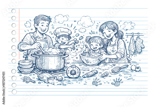 Caucasian family cooking together in kitchen scene illustrated on lined notebook paper