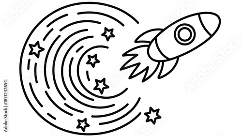 A minimalist vector graphic of a rocket ship blasting off into a starry night sky