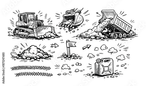 Cartoon construction vehicles and tools with doodle style elements