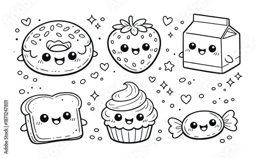 Cute kawaii food characters in monochrome theme with smiling faces