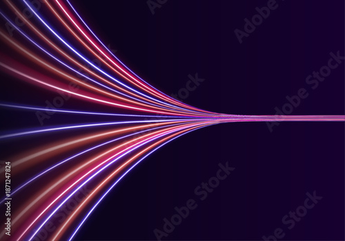 Neon laser lines ripple along a night city road. Glowing wave trails, energy swirls, and motion lines highlight futuristic speed and traffic movement. Vector illustration.