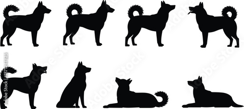 Set of 8 dog silhouette icons in varied poses including sitting, standing, and lying down, ideal for pet designs.