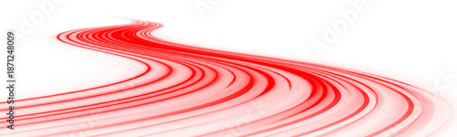 Futuristic red neon laser streaks move across city highways. Motion lines, glowing energy waves, and trail swirls illustrate dynamic traffic flow and speed. Vector illustration PNG.