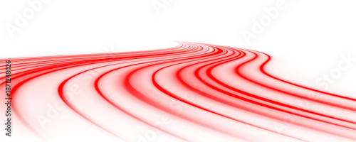 Glowing red neon laser lines flow along urban roads. Wave motion trails, energy swirls, and dynamic lines show speed and futuristic traffic visuals. Vector illustration PNG.