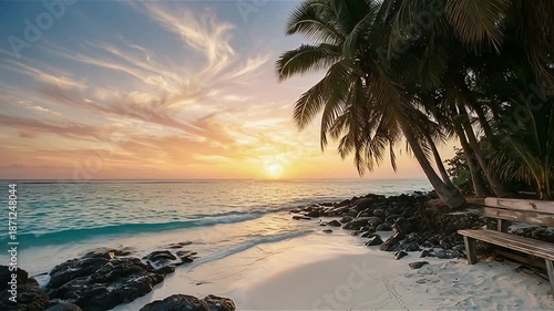 Tropical Ocean Sunset with Palm Trees and Coastal Scenery