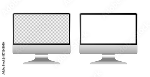 Two modern computer monitors side by side, one showing a transparent grid pattern and the other showing a blank white screen, isolated on