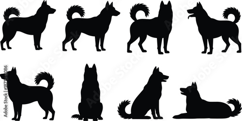 Set of 8 dog silhouette icons in various poses including standing, sitting, and lying down, ideal for pet designs.