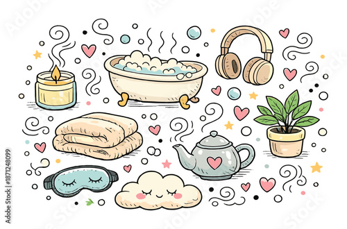 Cozy relaxation elements with bathtub, candle, and warm accessories