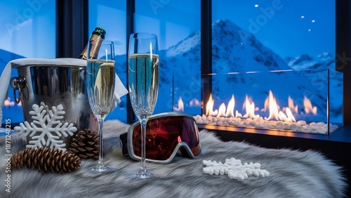 Cozy après-ski luxury with champagne flutes, a warm fireplace, and panoramic snowy mountain views. Ideal for winter holidays, romantic getaways, New Year's Eve, ski resort marketing,
