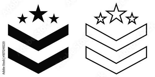 Military Rank Badge Icon Set – Editable Stroke Chevron Emblems in Simple Flat Line 
Vector Style