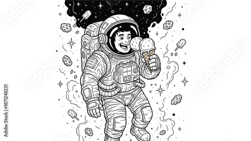 A smiling astronaut in a spacesuit holding an ice cream in outer space with stars and planets around.