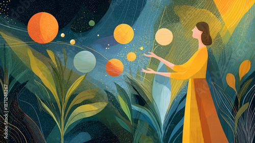 Enchanting Harmony: A woman, surrounded by abstract spheres and lush flora, finds herself in a world of balance and serenity, a symbol of inner peace.