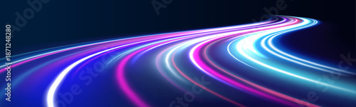 Futuristic neon laser lines flow across city streets. Light trail waves, motion swirls, and glowing energy lines illustrate speed and dynamic traffic movement. Vector illustration.