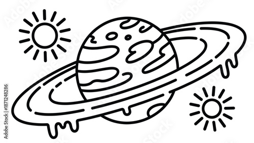 A simple line art illustration of a planet with rings and suns in a minimalist style