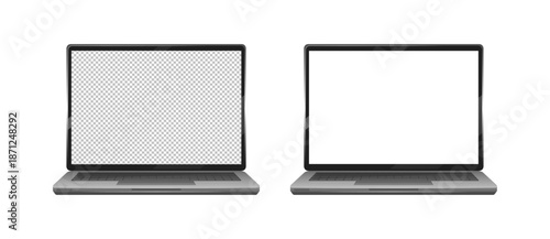Two modern laptops side by side, one with transparent screen mockup and one with white screen mockup, isolated on