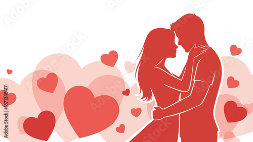Couple Embracing Silhouette with Red Hearts Background love romance