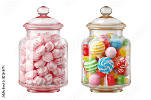 Two glass candy jars filled with colorful sweets.  One jar contains pink and white swirl candies, the other a mix of gummy bears, lollipops, and other colorful candies
