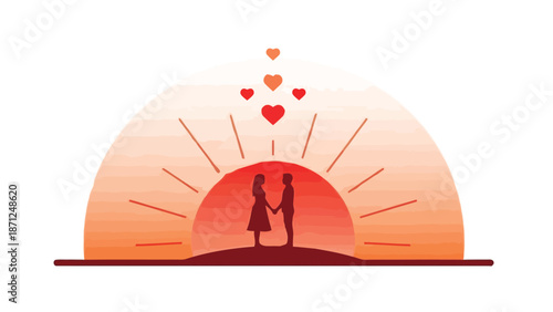 Couple silhouetted against a sunset with hearts love