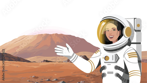 A smiling astronaut in a white spacesuit standing on a barren planet with a mountain in the background