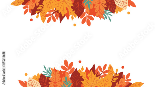 Vibrant autumn leaves border composed of colorful maple and oak foliage arranged on the top and bottom of a clean white background space.