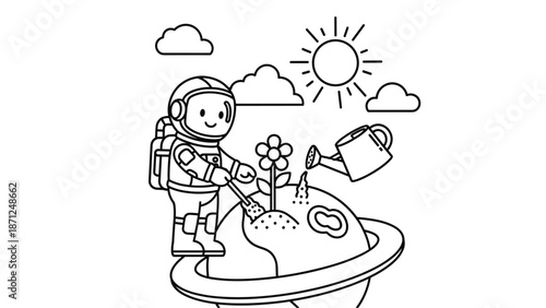 A smiling astronaut in a spacesuit plants flowers on a planet with a watering can and shovel under a sunny sky.