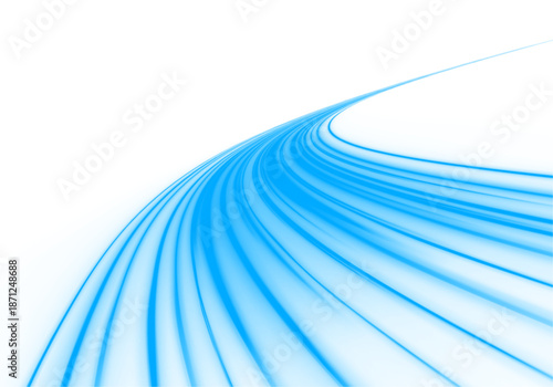 Neon blue laser lines curve along a city road. Motion trails, glowing wave energy, and swirling lines create futuristic traffic movement and speed. Vector illustration PNG.