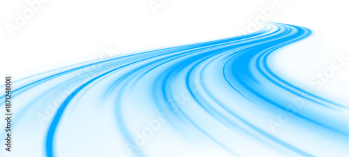 Glowing blue neon laser lines twist across urban highways. Light trail waves, motion swirls, and energy lines create futuristic speed and traffic flow. Vector illustration PNG.