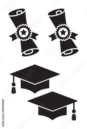Black graduation caps and diplomas with stars