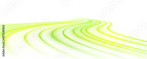 Neon green laser streaks flow along a futuristic city road. Motion lines, glowing wave trails, and energy swirls illustrate speed and dynamic traffic movement. Vector illustration PNG.