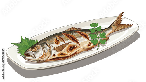 Delicious looking grilled whole fish served on a long white rectangular plate garnished with fresh green herbs and leaves.