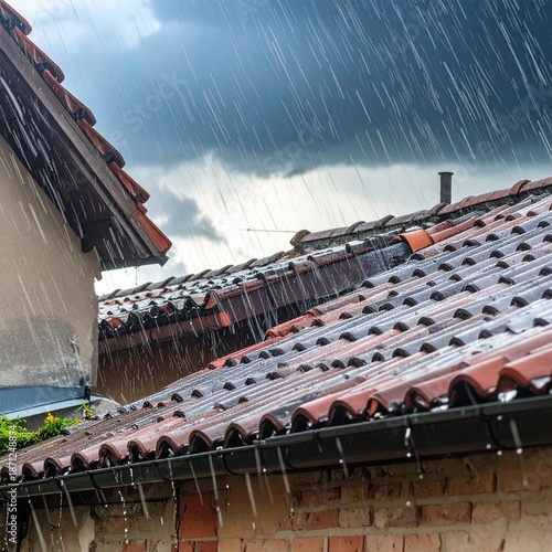 Close-up of heavy rain hitting the ground, water splashing everywhere