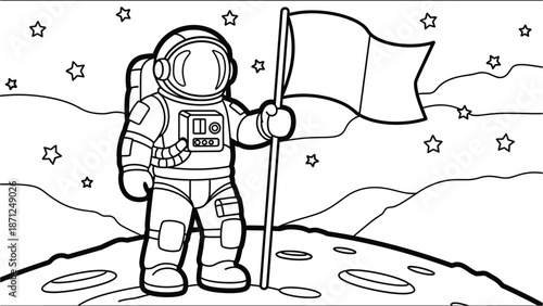 A cartoon astronaut in a spacesuit holding a flag on a distant planet