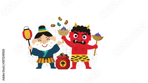 Cute illustration of the lucky god Daikokuten and a red demon or Oni celebrating the traditional Japanese festival Setsubun.