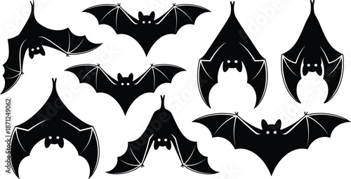 Set of 8 stylized bat silhouettes in flight and hanging poses, ideal for Halloween and nocturnal-themed designs.