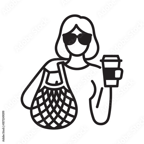 Woman with sunglasses beverage and tote bag in a simple outline style
