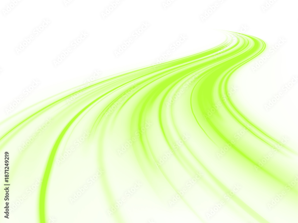 Obraz premium Glowing green neon laser lines twist along urban highways. Light wave trails, energy swirls, and motion lines highlight dynamic traffic and futuristic speed. Vector illustration PNG.