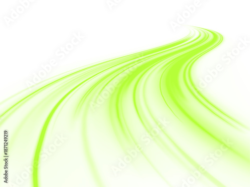 Glowing green neon laser lines twist along urban highways. Light wave trails, energy swirls, and motion lines highlight dynamic traffic and futuristic speed. Vector illustration PNG.