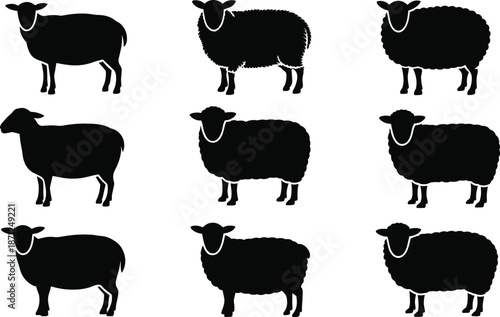 Set of 9 sheep silhouette icons with varied wool textures and shapes, ideal for farming, breed, and textile designs.
