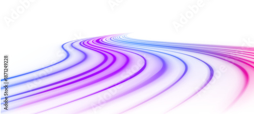 Futuristic purple, blue neon laser streaks flow across city streets. Glowing motion trails, wave energy swirls, and line patterns illustrate speed and traffic flow. Vector illustration PNG.