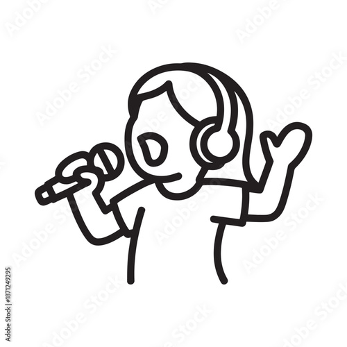 Simple line drawing of a person singing into a microphone with headphones